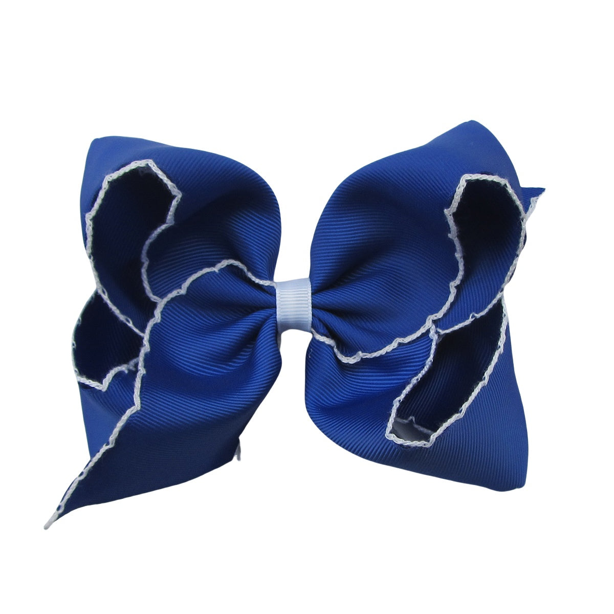 5 IN cobalt w/white stitching Moonstitch Hair Bows on a double prong alligator with Plain center Wrap