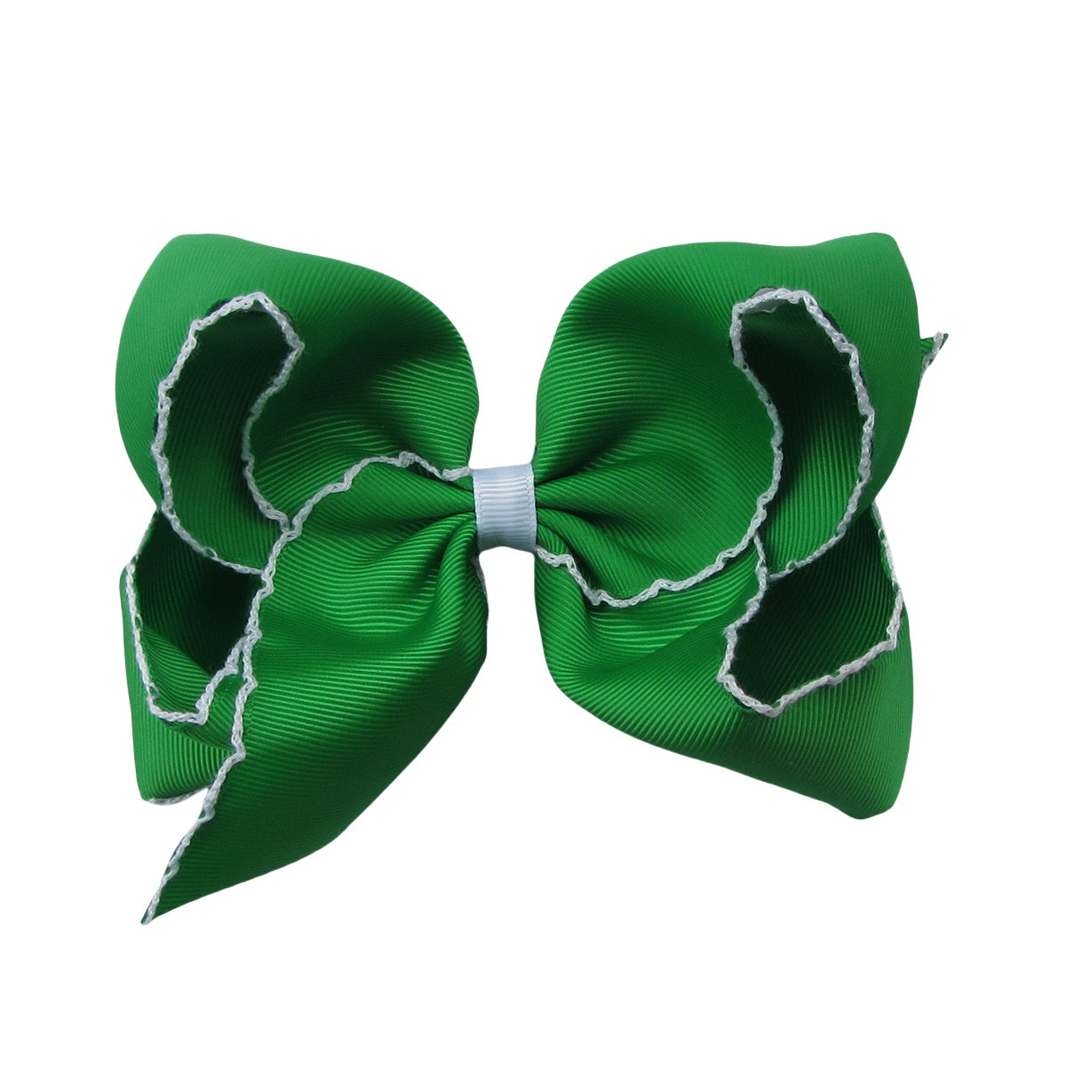 5 IN emerald w/white stitching Moonstitch Hair Bows on a double prong alligator with Plain center Wrap