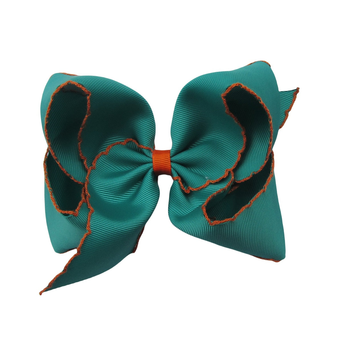 5 IN tornado blue w/orange stitching Moonstitch Hair Bows on a double prong alligator with Plain center Wrap