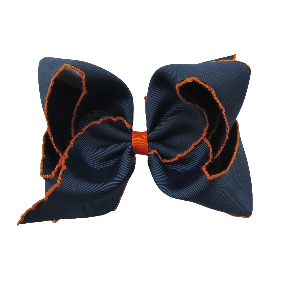 5 IN navy w/orange stitching Moonstitch Hair Bows on a double prong alligator with Plain center Wrap