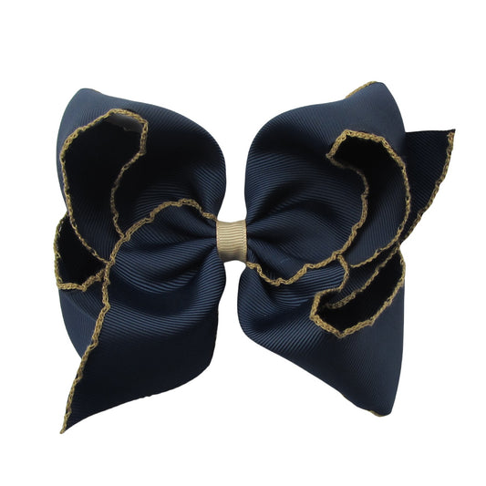 5 IN navy w/tan stitching Moonstitch Hair Bows on a double prong alligator with Plain center Wrap