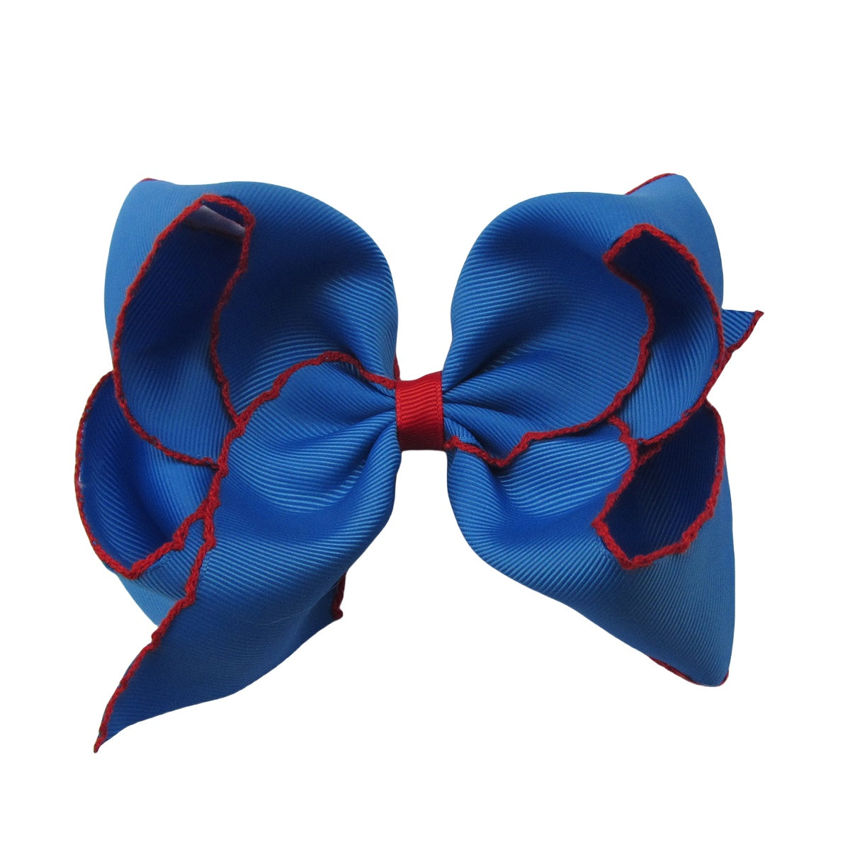 5 IN electric blue w/red stitching Moonstitch Hair Bows on a double prong alligator with Plain center Wrap
