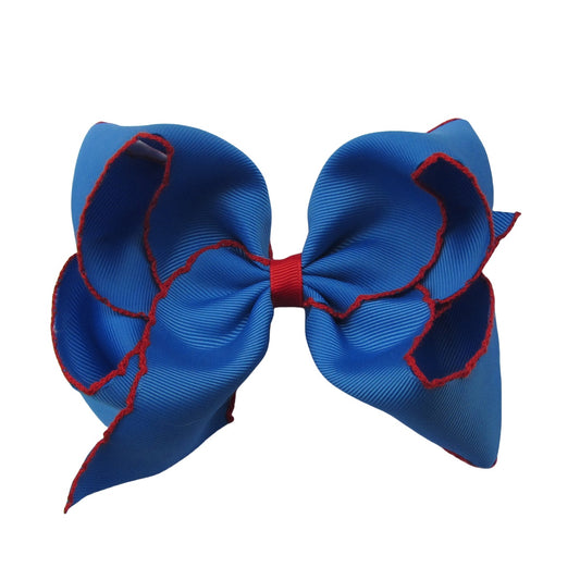 5 IN electric blue w/red stitching Moonstitch Hair Bows on a double prong alligator with Plain center Wrap