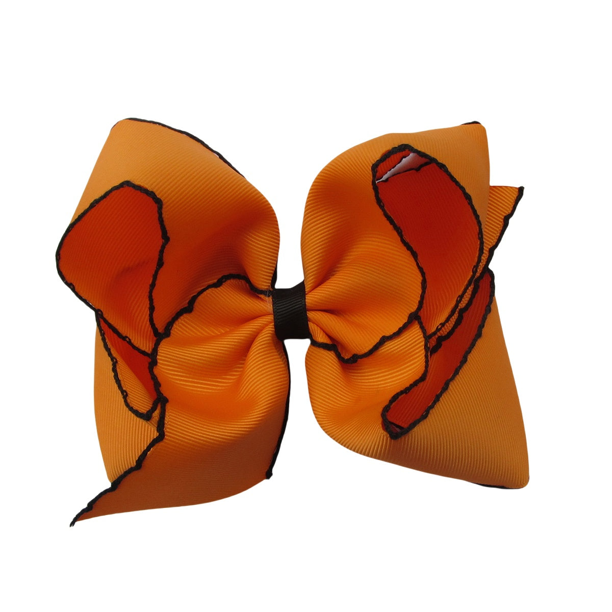 5 IN orange w/black stitching Moonstitch Hair Bows on a double prong alligator with Plain center Wrap