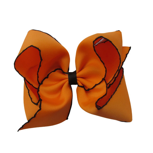5 IN orange w/black stitching Moonstitch Hair Bows on a double prong alligator with Plain center Wrap