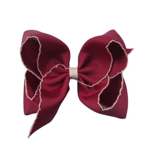 5 IN wine w/lt.pink stitching Moonstitch Hair Bows on a double prong alligator with Plain center Wrap
