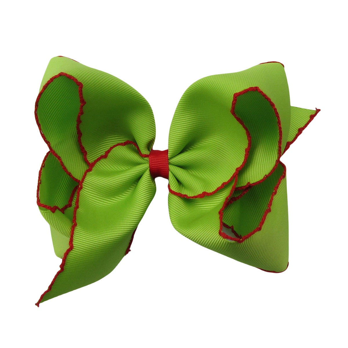 5 IN apple green w/red stitching Moonstitch Hair Bows on a double prong alligator with Plain center Wrap