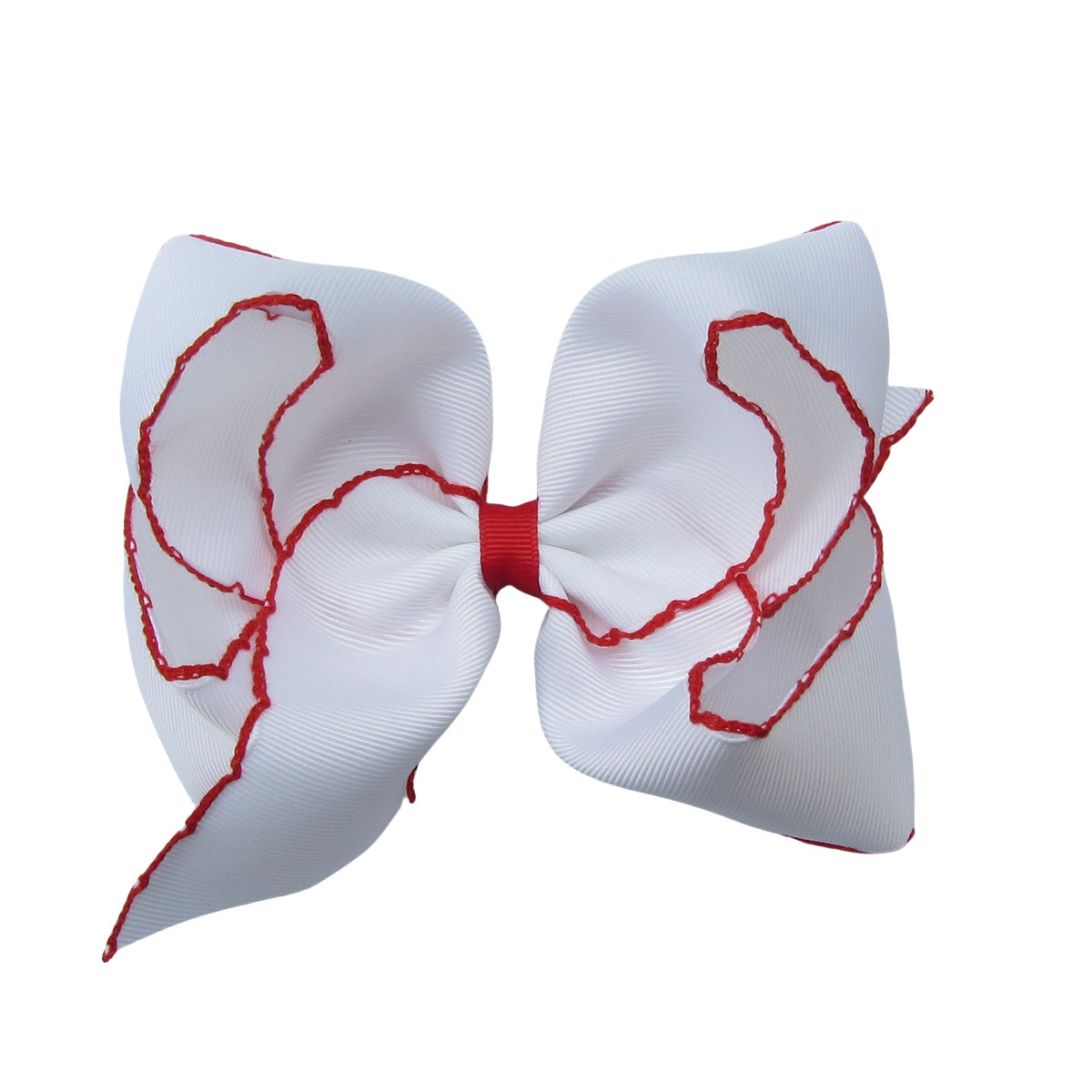 5 IN white w/red stitching Moonstitch Hair Bows on a double prong alligator with Plain center Wrap