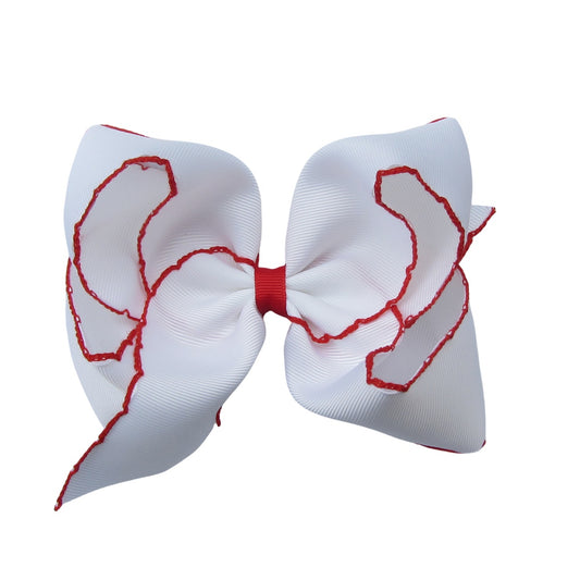 5 IN white w/red stitching Moonstitch Hair Bows on a double prong alligator with Plain center Wrap