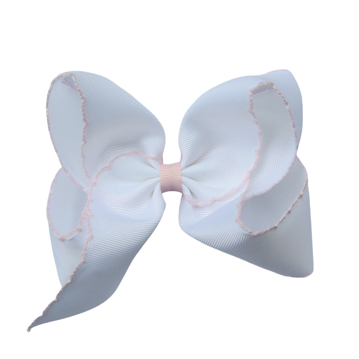5 IN white w/lt.pink stitching Moonstitch Hair Bows on a double prong alligator with Plain center Wrap