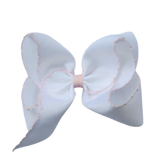5 IN white w/lt.pink stitching Moonstitch Hair Bows on a double prong alligator with Plain center Wrap