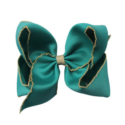 5 IN jade w/tan stitching Moonstitch Hair Bows on a double prong alligator with Plain center Wrap