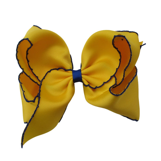 5 IN daffodil w/cobalt stitching Moonstitch Hair Bows on a double prong alligator with Plain center Wrap