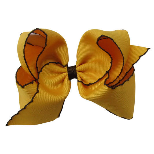 5 IN maize w/turftan stitching Moonstitch Hair Bows on a double prong alligator with Plain center Wrap
