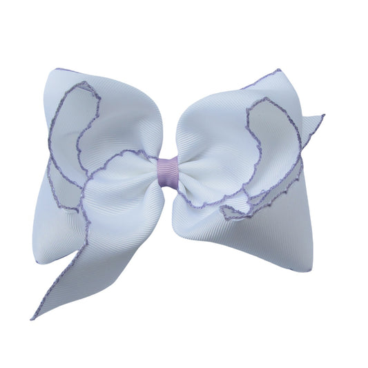 5 IN white w/lt.orchid stitching Moonstitch Hair Bows on a double prong alligator with Plain center Wrap