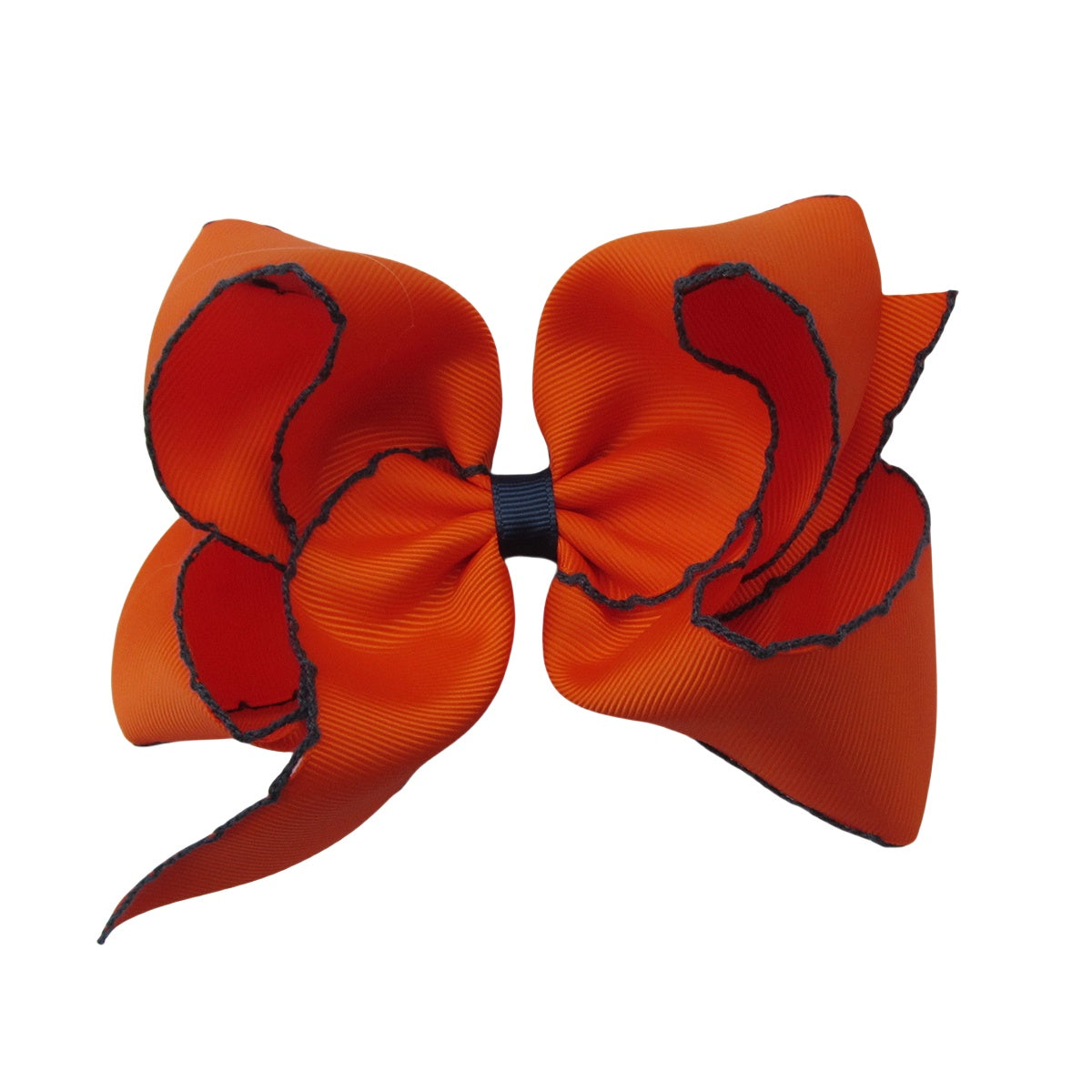 5 IN orange w/navy stitching Moonstitch Hair Bows on a double prong alligator with Plain center Wrap