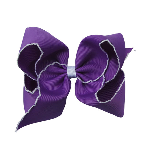 5 IN Purple w/White stitching Moonstitch Hair Bows on a double prong alligator with Plain center Wrap