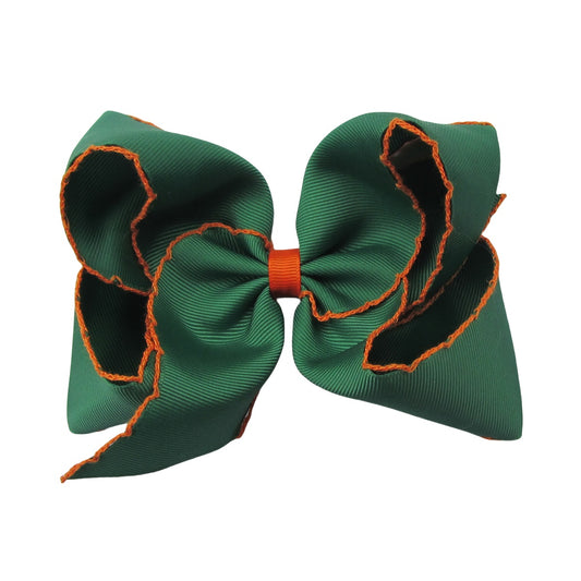 5 IN forest green w/orange stitching Moonstitch Hair Bows on a double prong alligator with Plain center Wrap