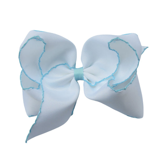 5 IN White w/Lt.Blue stitching Moonstitch Hair Bows on a double prong alligator with Plain center Wrap