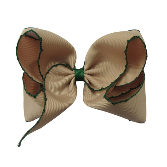 5 IN Tan w/Forest Green stitching Moonstitch Hair Bows on a double prong alligator with Plain center Wrap