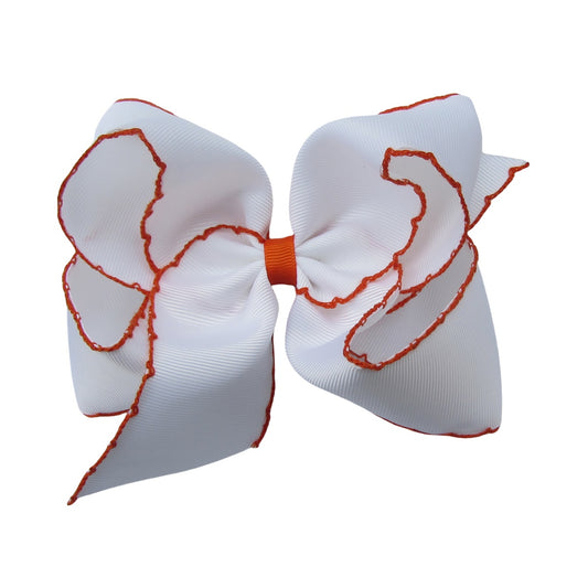 5 IN white w/torrid orange stitching Moonstitch Hair Bows on a double prong alligator with Plain center Wrap