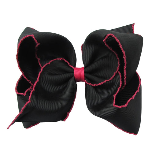 5 IN Black w/Hot Pink stitching Moonstitch Hair Bows on a double prong alligator with Plain center Wrap