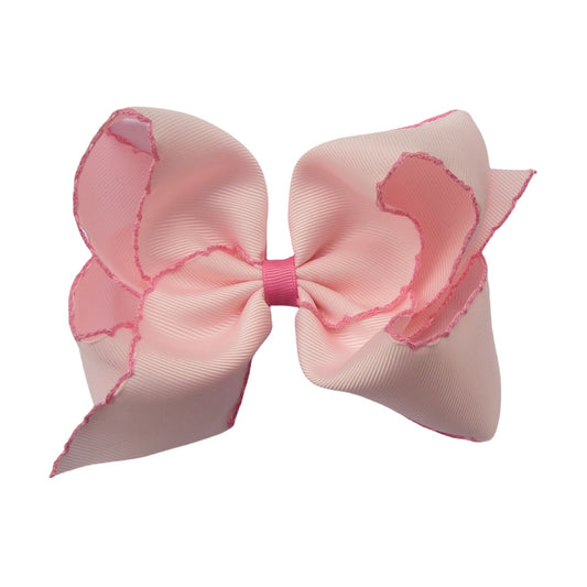 5 IN Lt.Pink w/Hot Pink stitching Moonstitch Hair Bows on a double prong alligator with Plain center Wrap