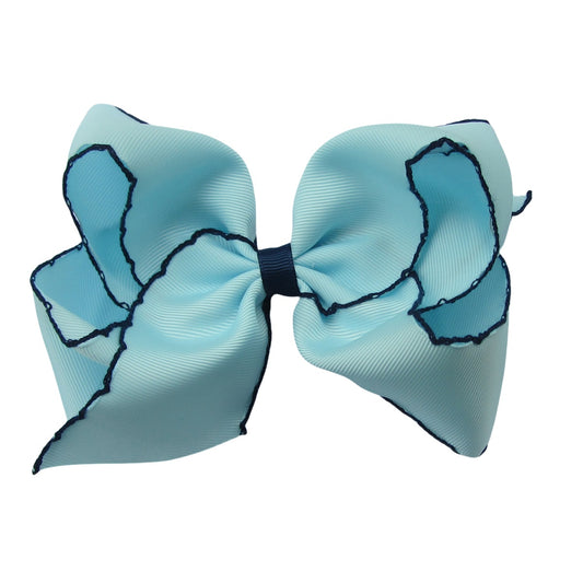 5 IN Blue Mist w/Navy stitching Moonstitch Hair Bows on a double prong alligator with Plain center Wrap