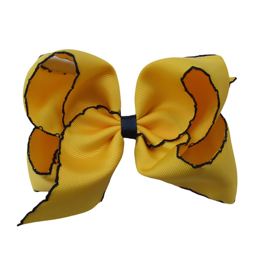5 IN Maize w/Black stitching Moonstitch Hair Bows on a double prong alligator with Plain center Wrap
