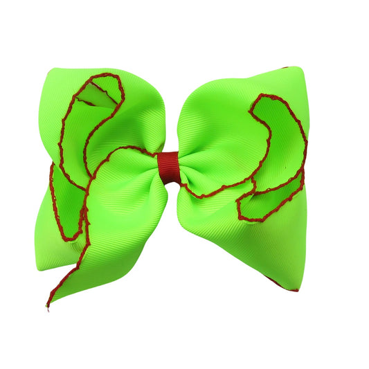 5 IN Key Lime w/Red stitching Moonstitch Hair Bows on a double prong alligator with Plain center Wrap