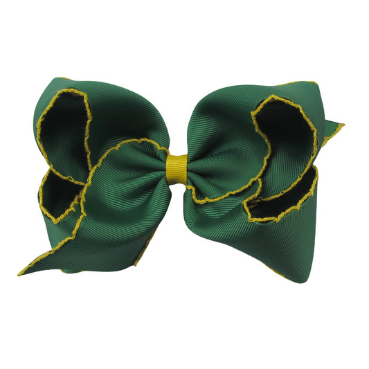 5 IN Forest Green w/Maize stitching Moonstitch Hair Bows on a double prong alligator with Plain center Wrap