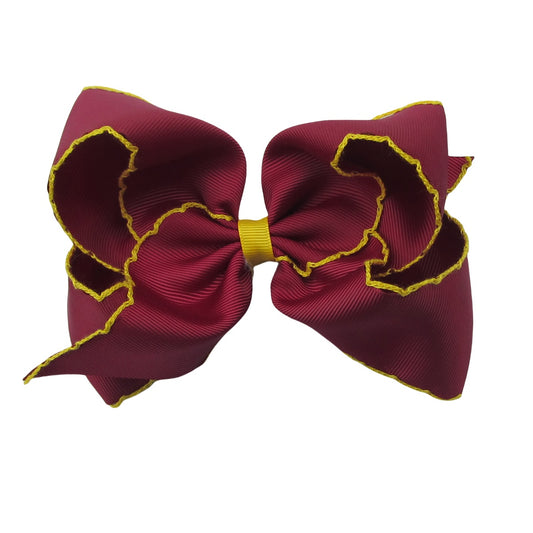 5 IN Wine w/Maize stitching Moonstitch Hair Bows on a double prong alligator with Plain center Wrap