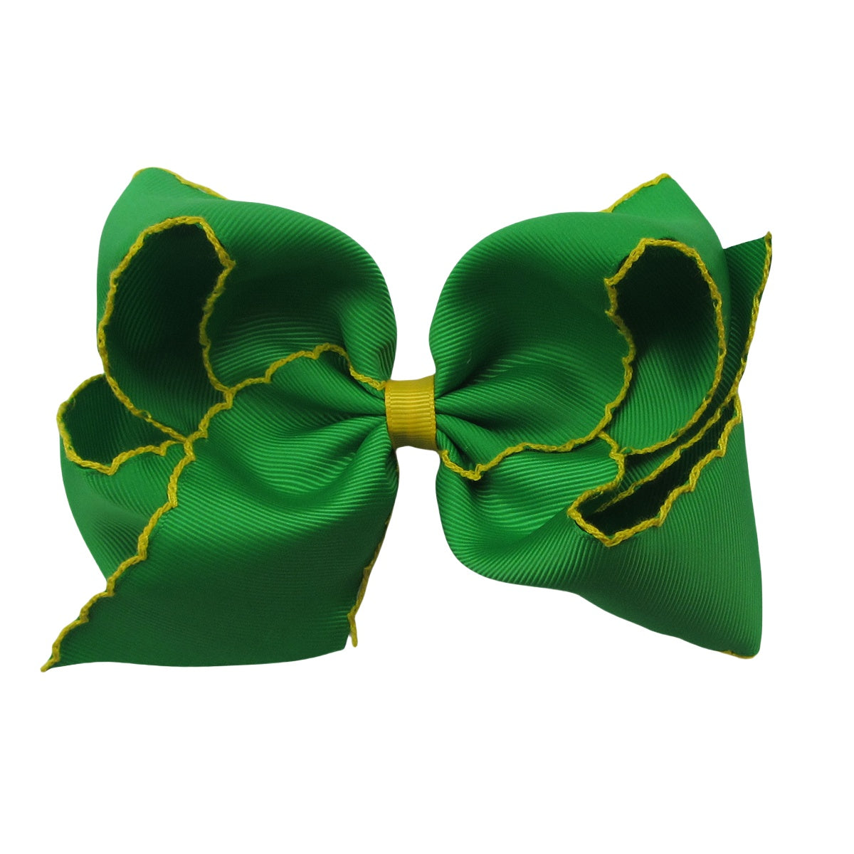 5 IN emerald w/maize stitching Moonstitch Hair Bows on a double prong alligator with Plain center Wrap