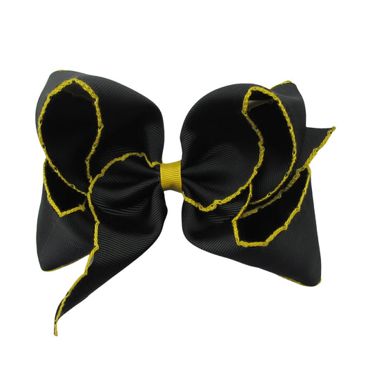 5 IN black w/maize stitching Moonstitch Hair Bows on a double prong alligator with Plain center Wrap