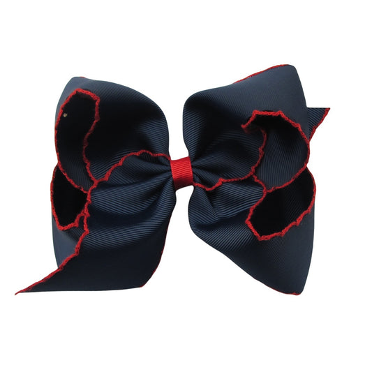 5 IN Navy w/Red stitching Moonstitch Hair Bows on a double prong alligator with Plain center Wrap