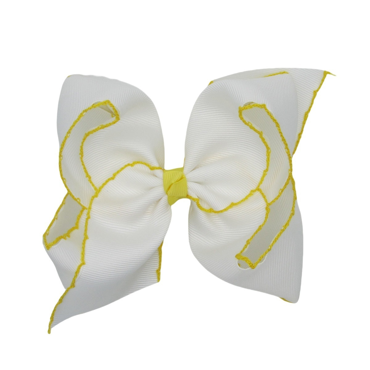 5 IN White w/Yellow stitching Moonstitch Hair Bows on a double prong alligator with Plain center Wrap
