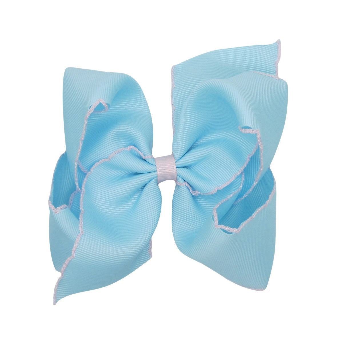 5 IN Lt.Blue w/Lt.Pink stitching Moonstitch Hair Bows on a double prong alligator with Plain center Wrap