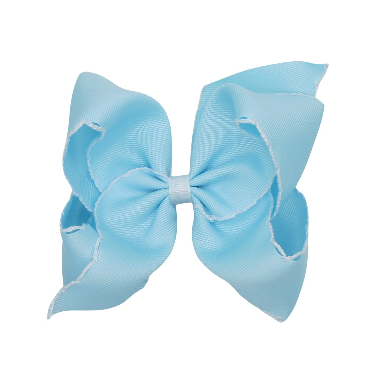 5 IN Lt.Blue w/White stitching Moonstitch Hair Bows on a double prong alligator with Plain center Wrap