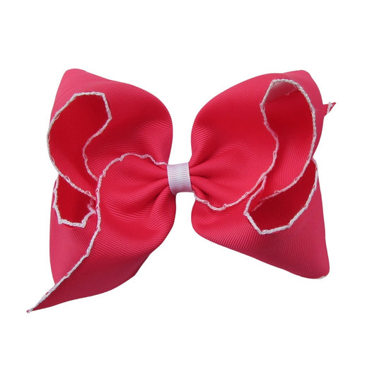5 IN Shocking pink w/Lt.pink stitching Moonstitch Hair Bows on a double prong alligator with Plain center Wrap